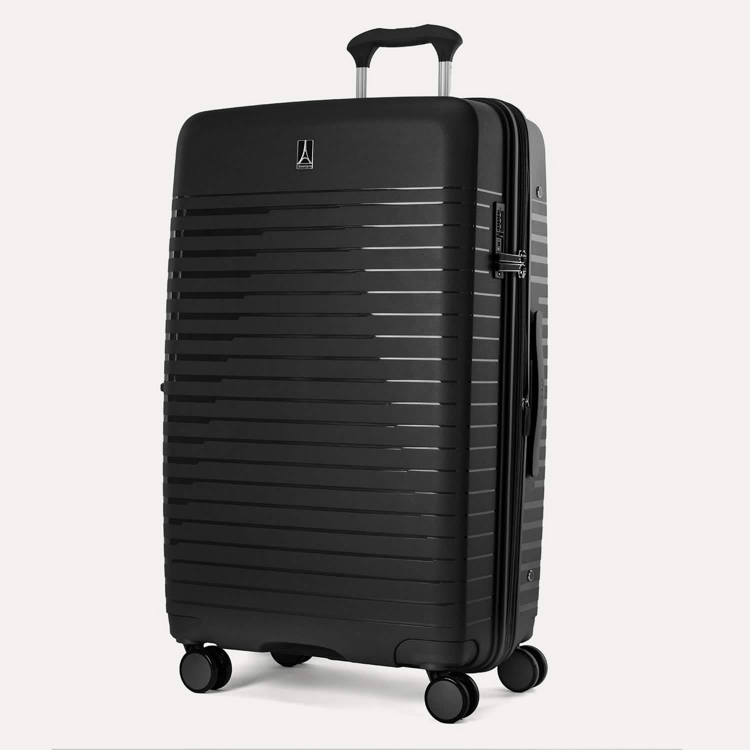 Valise noire à texture nervurée sur fond blanc