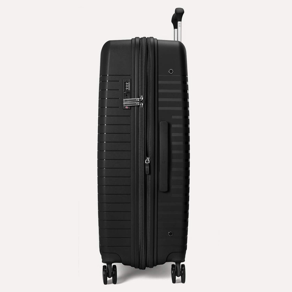 Black suitcase with wheels on a light gray background #color_black