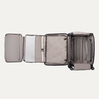 Expanded interior view of the Travelpro Platinum Elite Carry-On Spinner in Camouflage, showcasing full organizational compartments and a removable toiletry bag.
