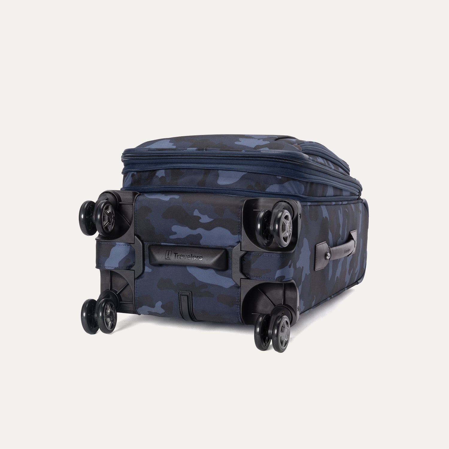 Bottom view of the Travelpro Platinum Elite Carry-On Spinner in Camouflage, highlighting its 360° Spinner Wheels and sturdy base.
