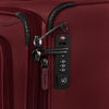 Gros plan sur une valise rouge munie d'une fermeture à glissière et d'un cadenas.