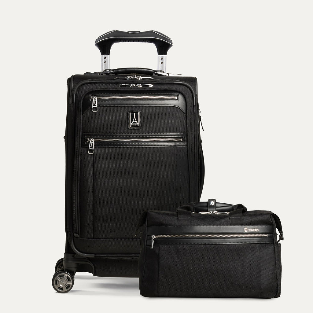 A black 2-piece luggage set with a 21-inch expandable carry-on spinner and an underseat tote, both with Travelpro Platinum branding and polished chrome zippers.