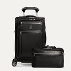 A black 2-piece luggage set with a 21-inch expandable carry-on spinner and an underseat tote, both with Travelpro Platinum branding and polished chrome zippers.