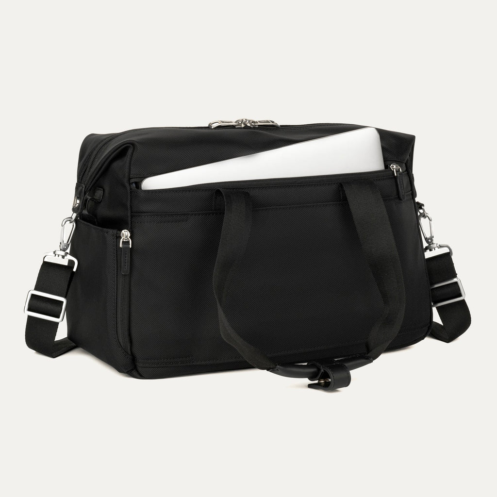 Black tote with a laptop in the padded sleeve compartment on a white background 