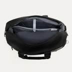 Open black tote interior view on a white background