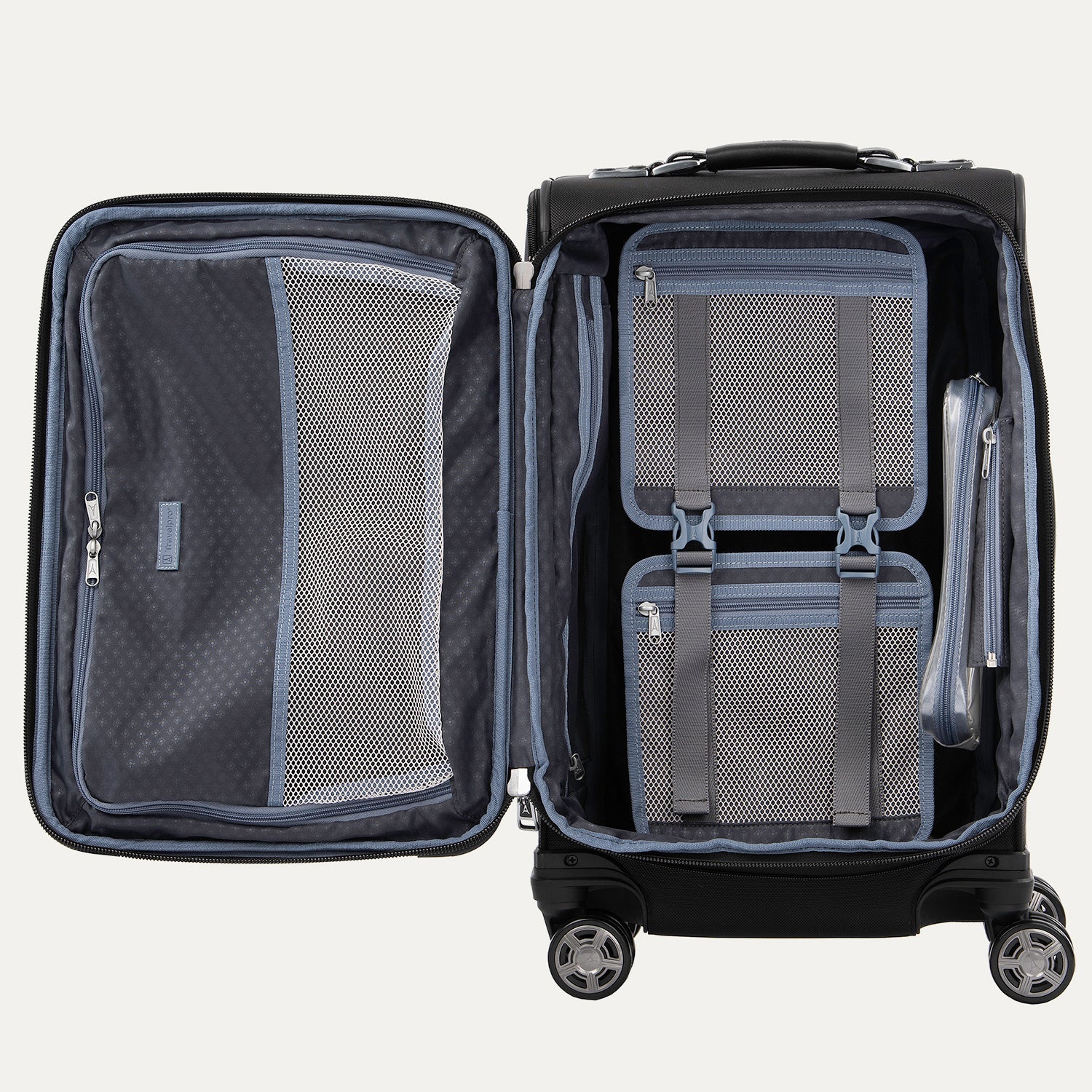 Open suitcase displaying interior organization panels on a white background