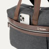 Vinage grey tote with a phone in the QuickSlip® front pocket  compartment on a white background 