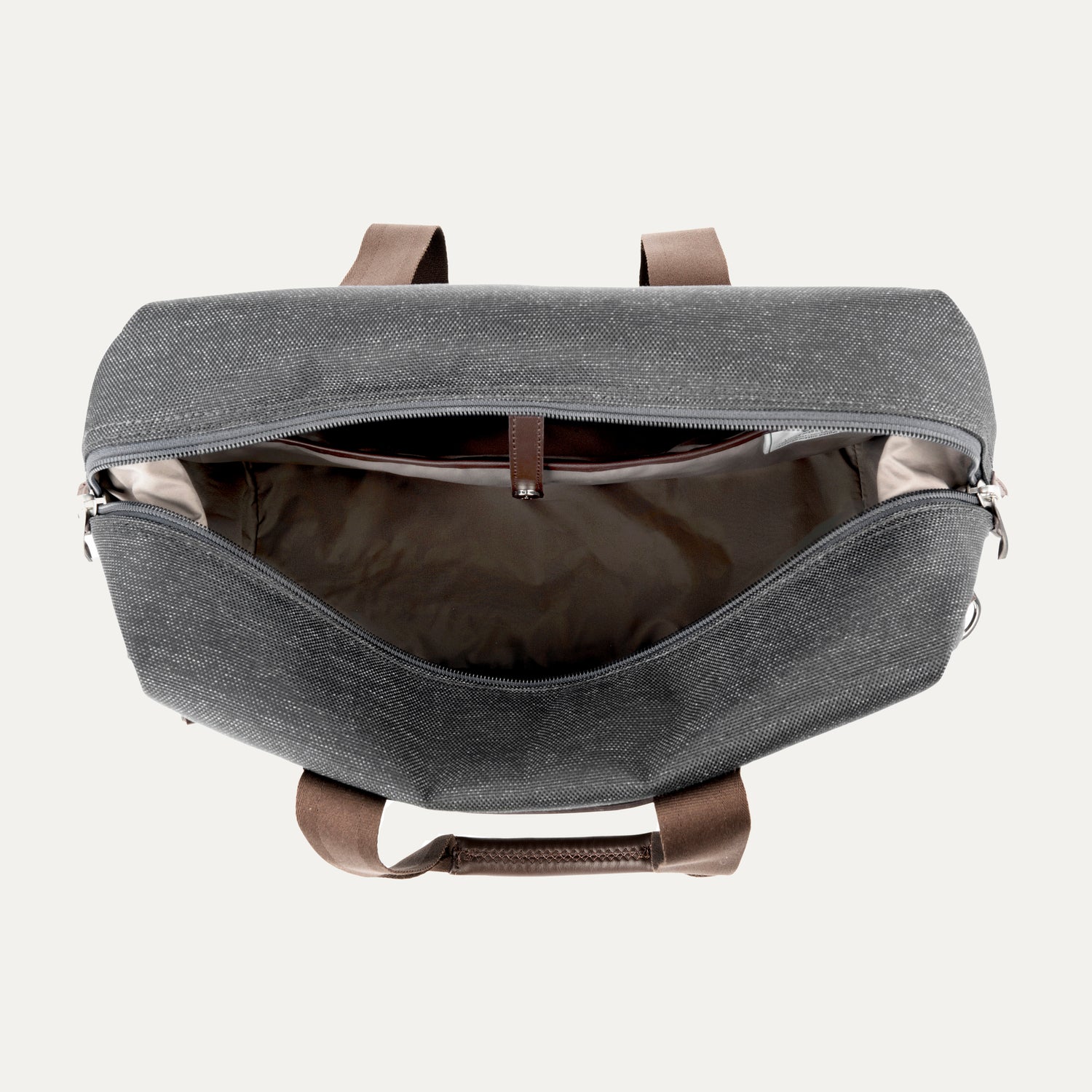 Open vintage grey tote on a white background