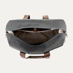 Open vintage grey tote on a white background