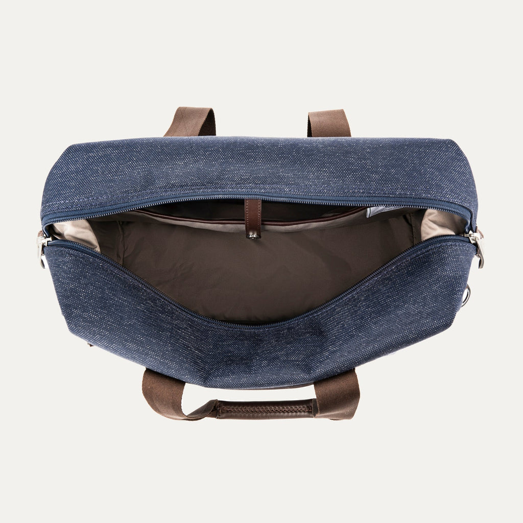 Open true navy tote on a white background