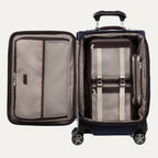 Open suitcase with interior organization panels on a white background