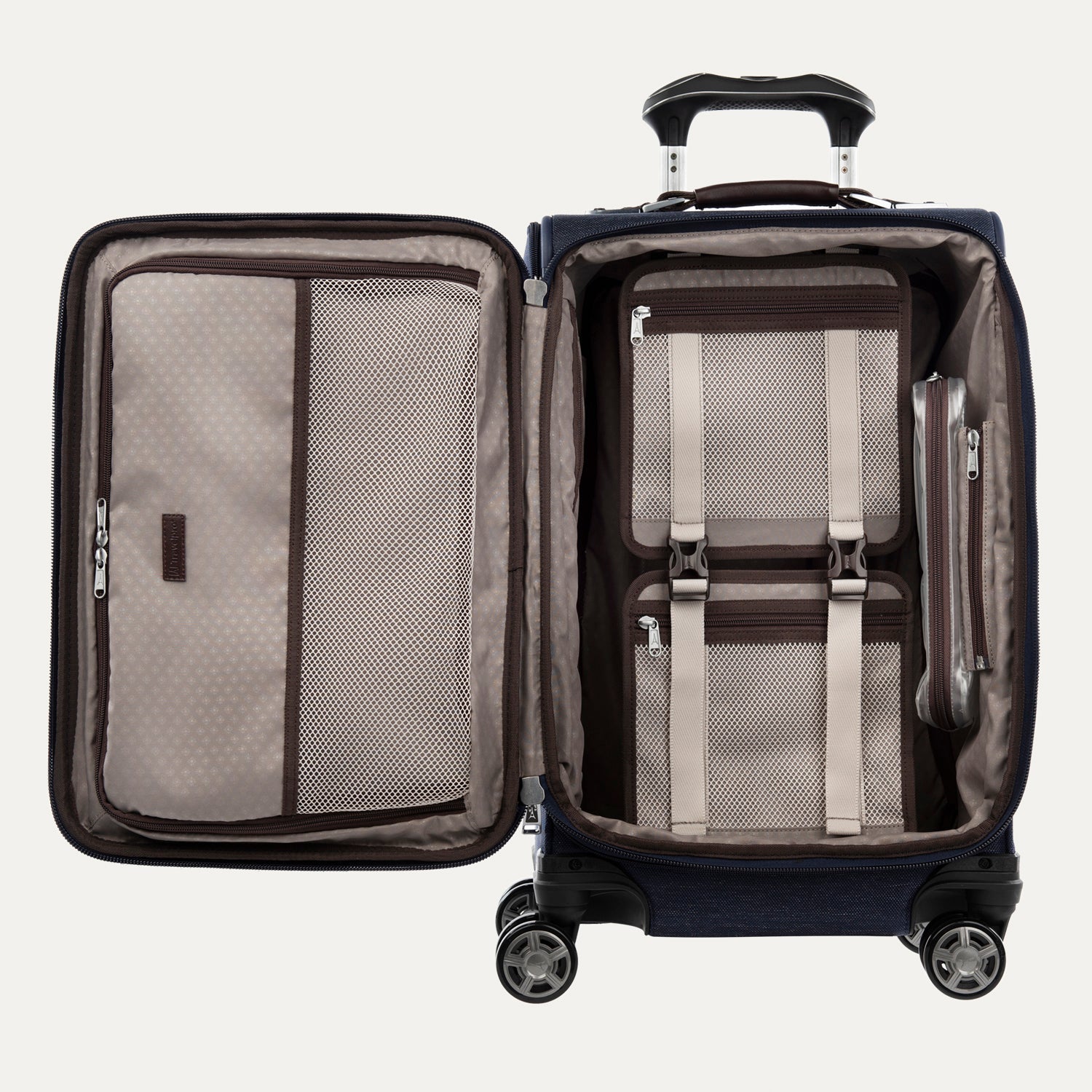 Open suitcase with interior organization panels on a white background