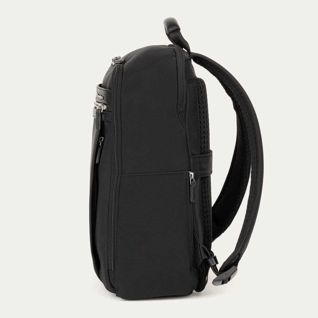 Side view of black backpack on a white background 