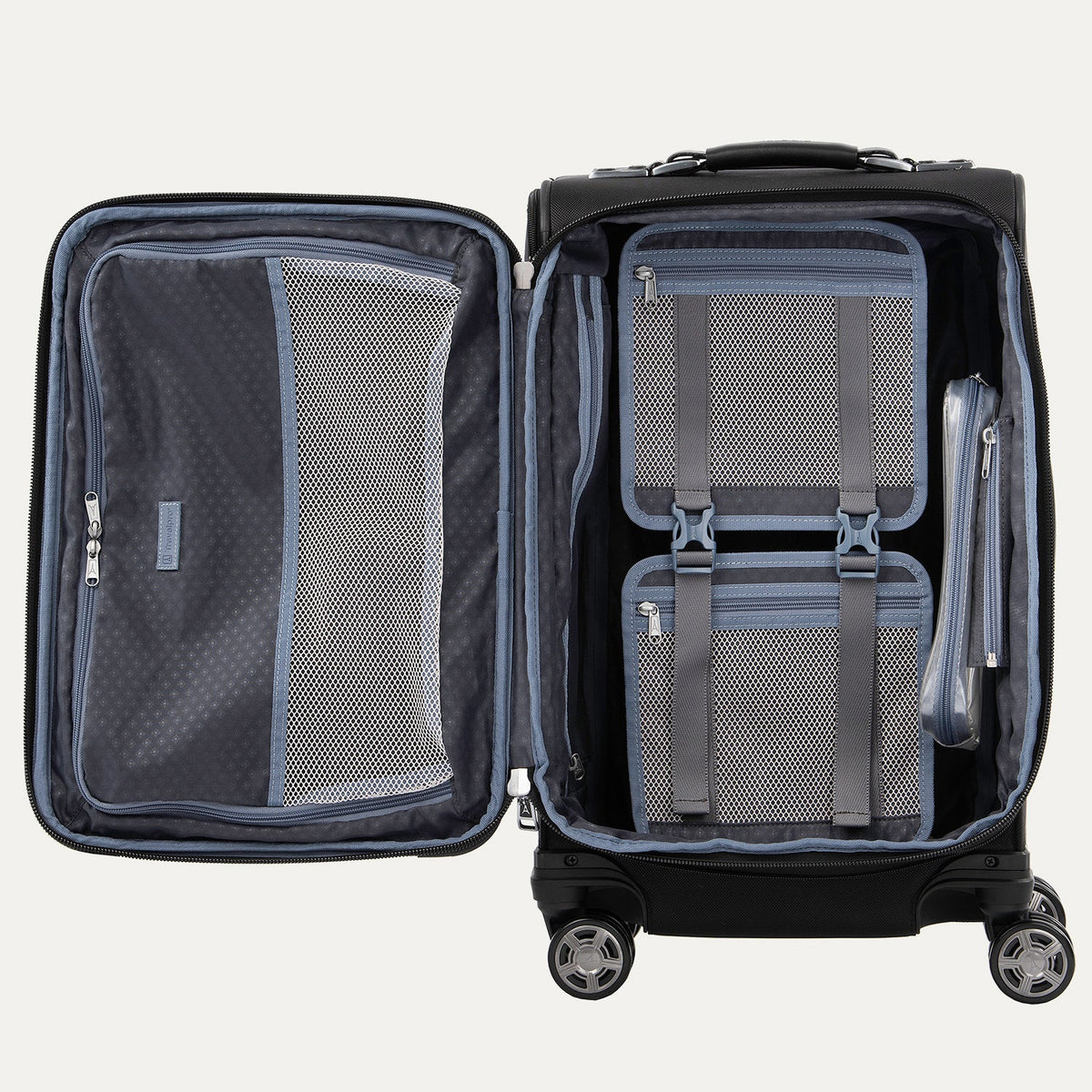 Open suitcase with interior organization panels on a white background