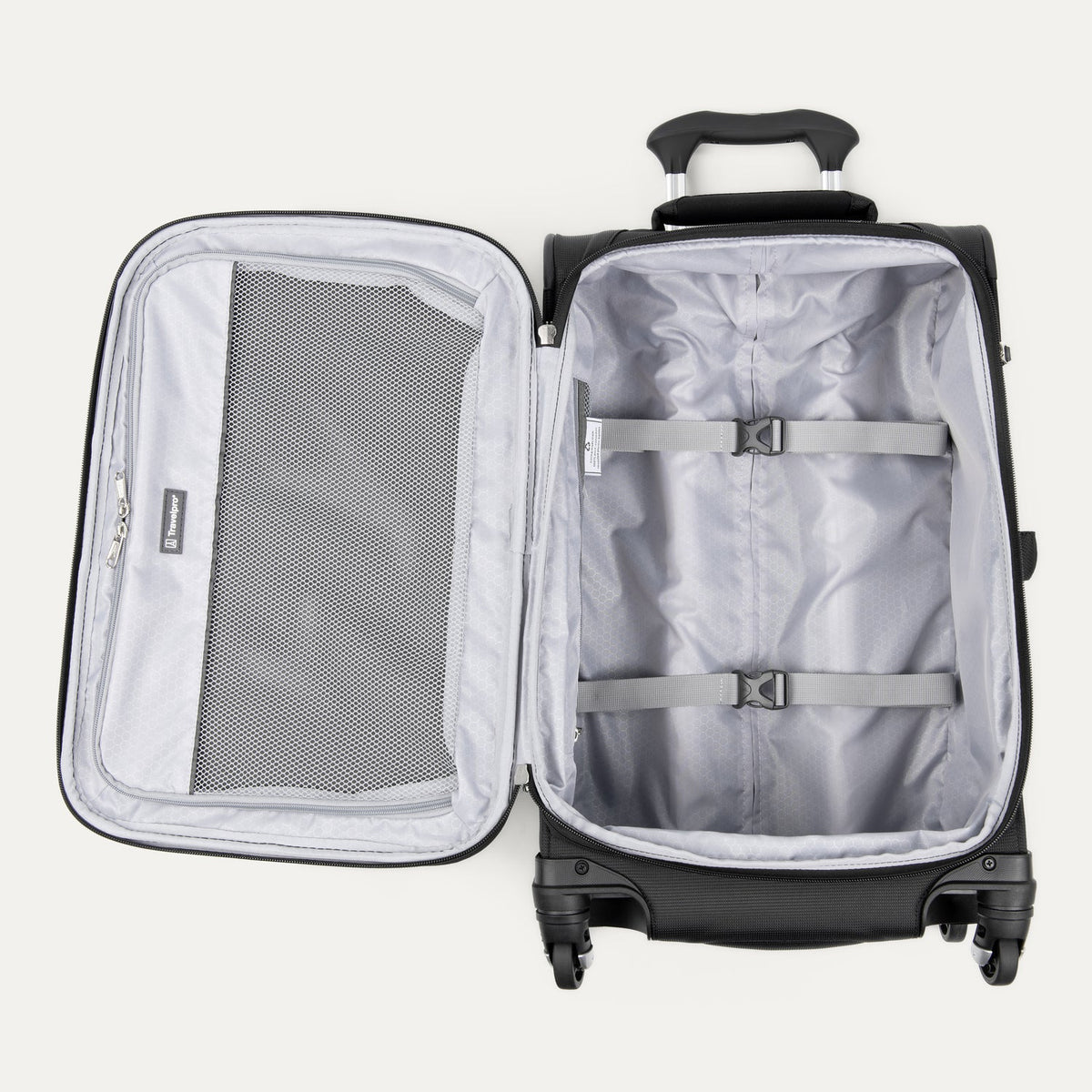 Open black suitcase with interior organization panels on a white background