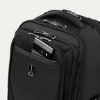 Black backpack with phone in QuickSlip pocket on a white background