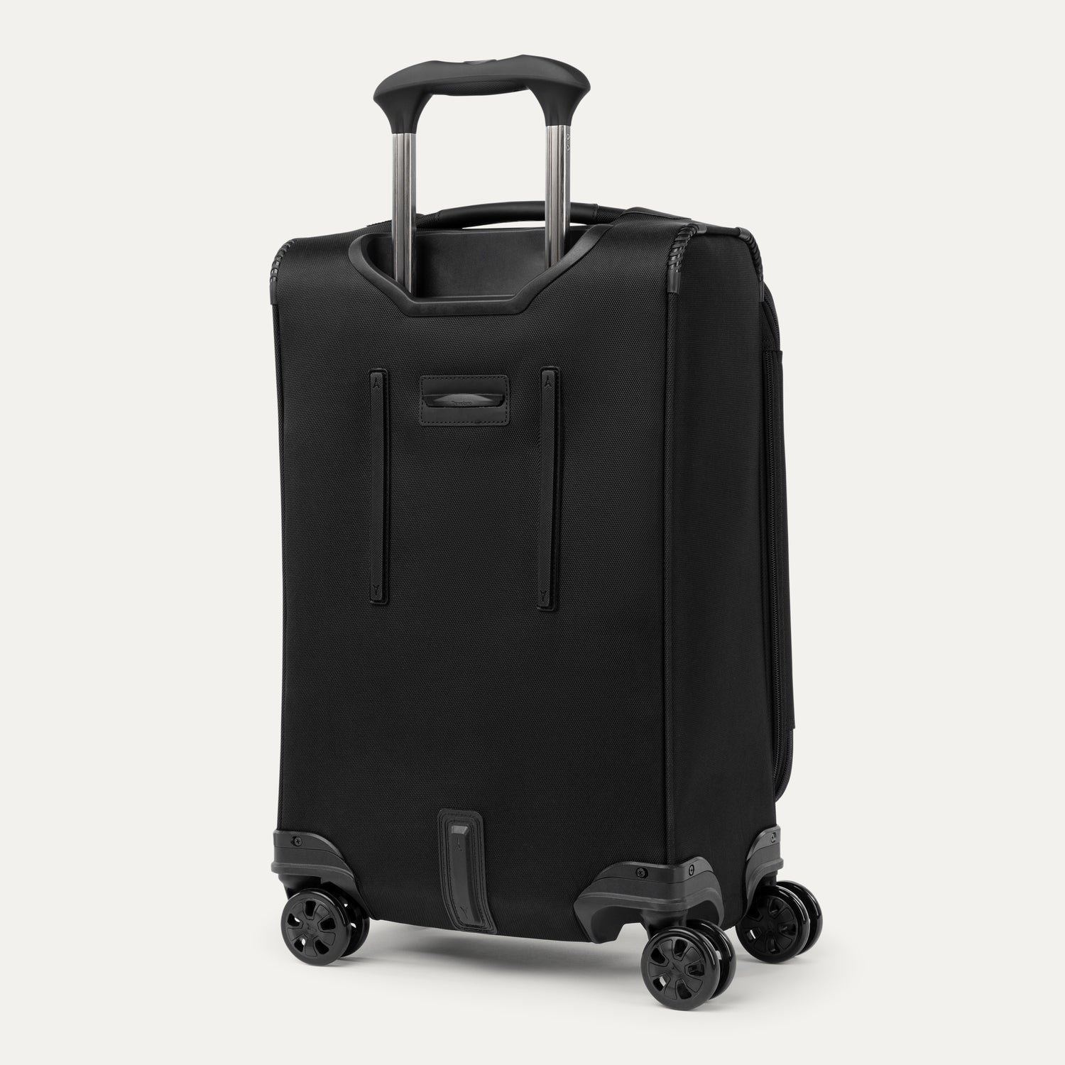 Black suitcase with wheels and handle on a white background