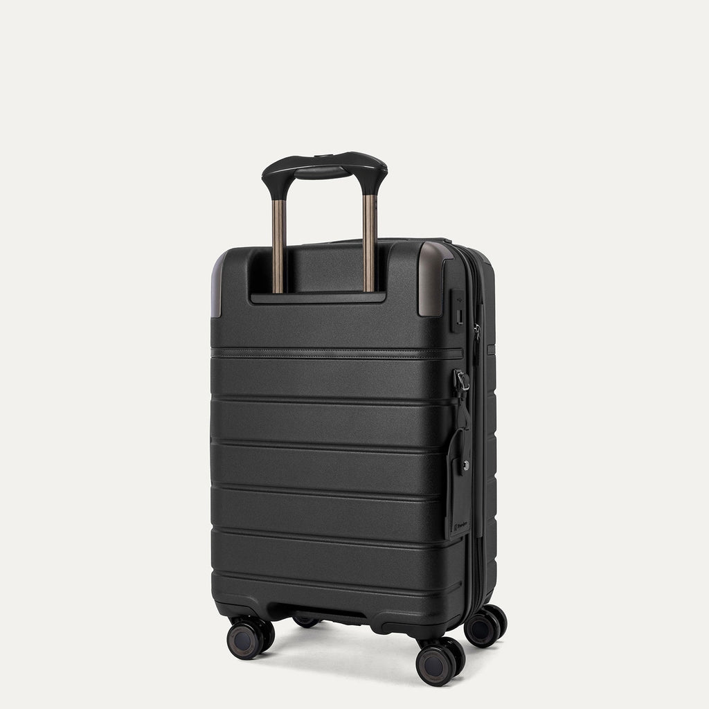 Rear angled view of the Compact Carry-On from the Travelpro Platinum Reserve Compact Carry-On / Large Check-In Hardside Set in Black Dust