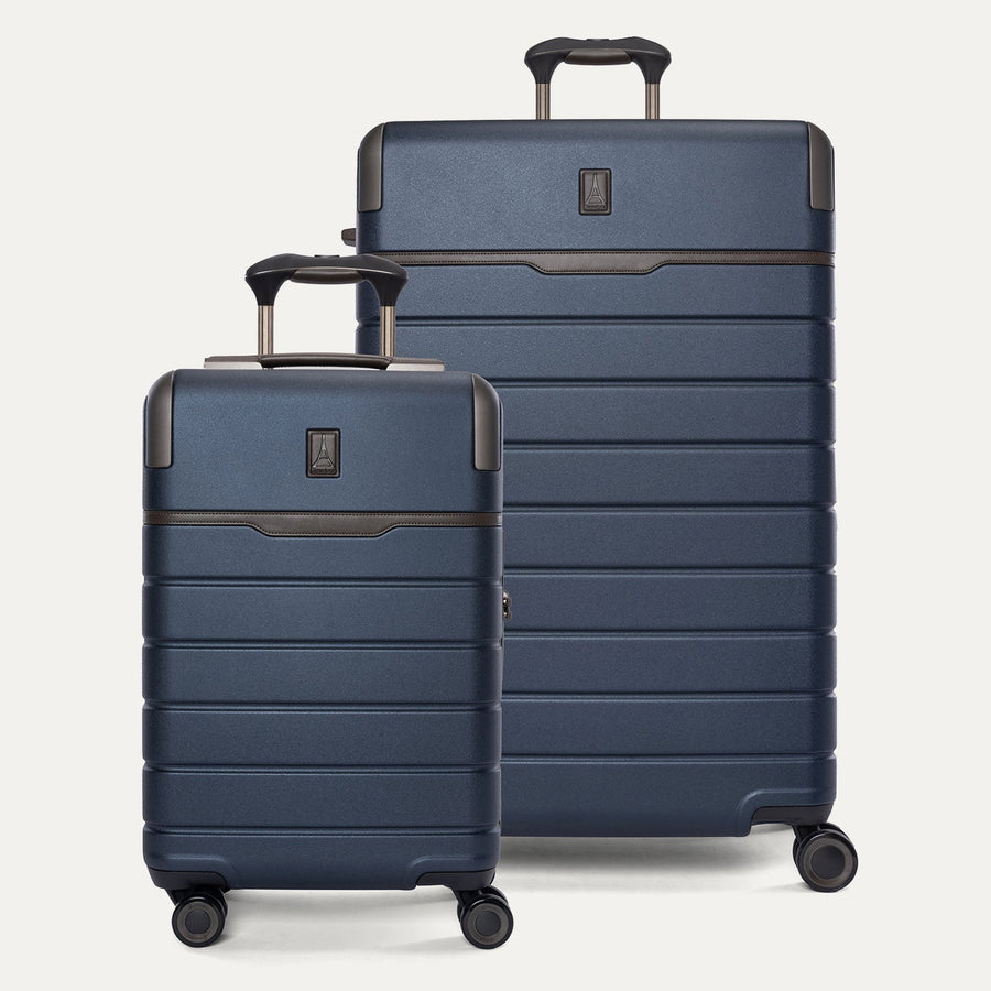 Travelpro Platinum Reserve Compact Carry-On / Large Check-In Hardside Set in Midnight Trail, both pieces shown together