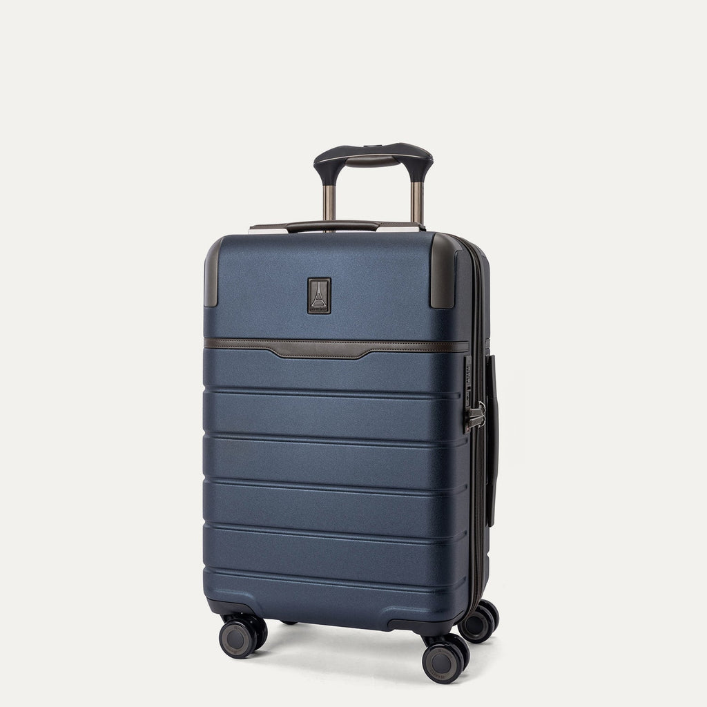 Three-quarter front view of the Compact Carry-On from the Travelpro Platinum Reserve Compact Carry-On / Medium Check-In Hardside Set in Midnight Trail