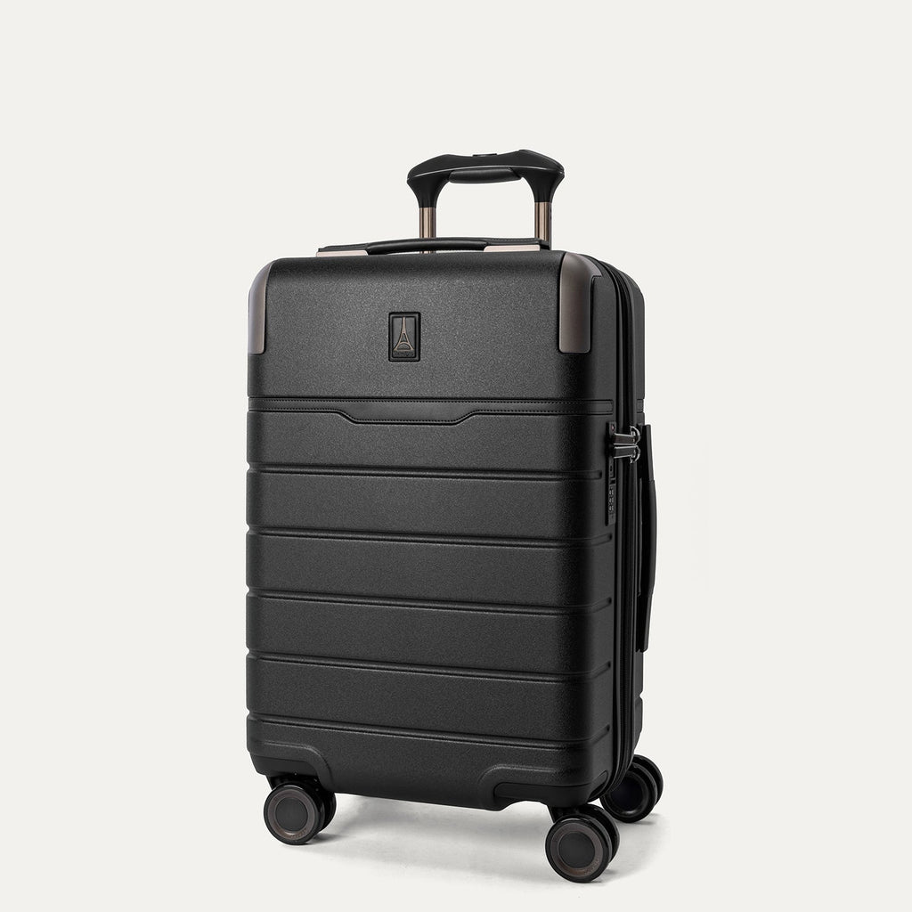 Three-quarter front view of the Compact Carry-On from the Travelpro Platinum Reserve Compact Carry-On / Medium / Large Hardside Set in Black Dust