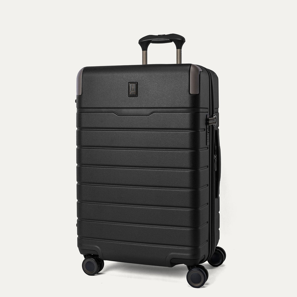 Three-quarter front view of the Medium Check-In from the Travelpro Platinum Reserve Compact Carry-On / Medium / Large Hardside Set in Black Dust
