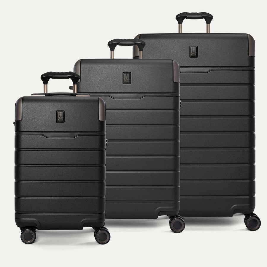 Travelpro Platinum Reserve Compact Carry-On / Medium / Large Hardside Set in Black Dust, all three pieces shown together