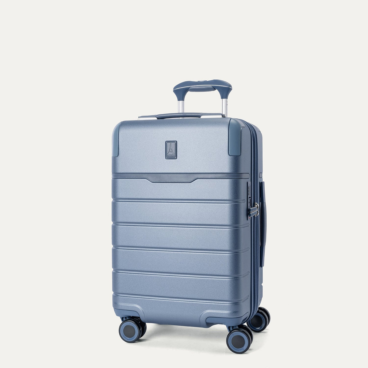 Three-quarter front view of the Compact Carry-On from the Travelpro Platinum Reserve Compact Carry-On / Medium / Large Hardside Set in Steel Blue