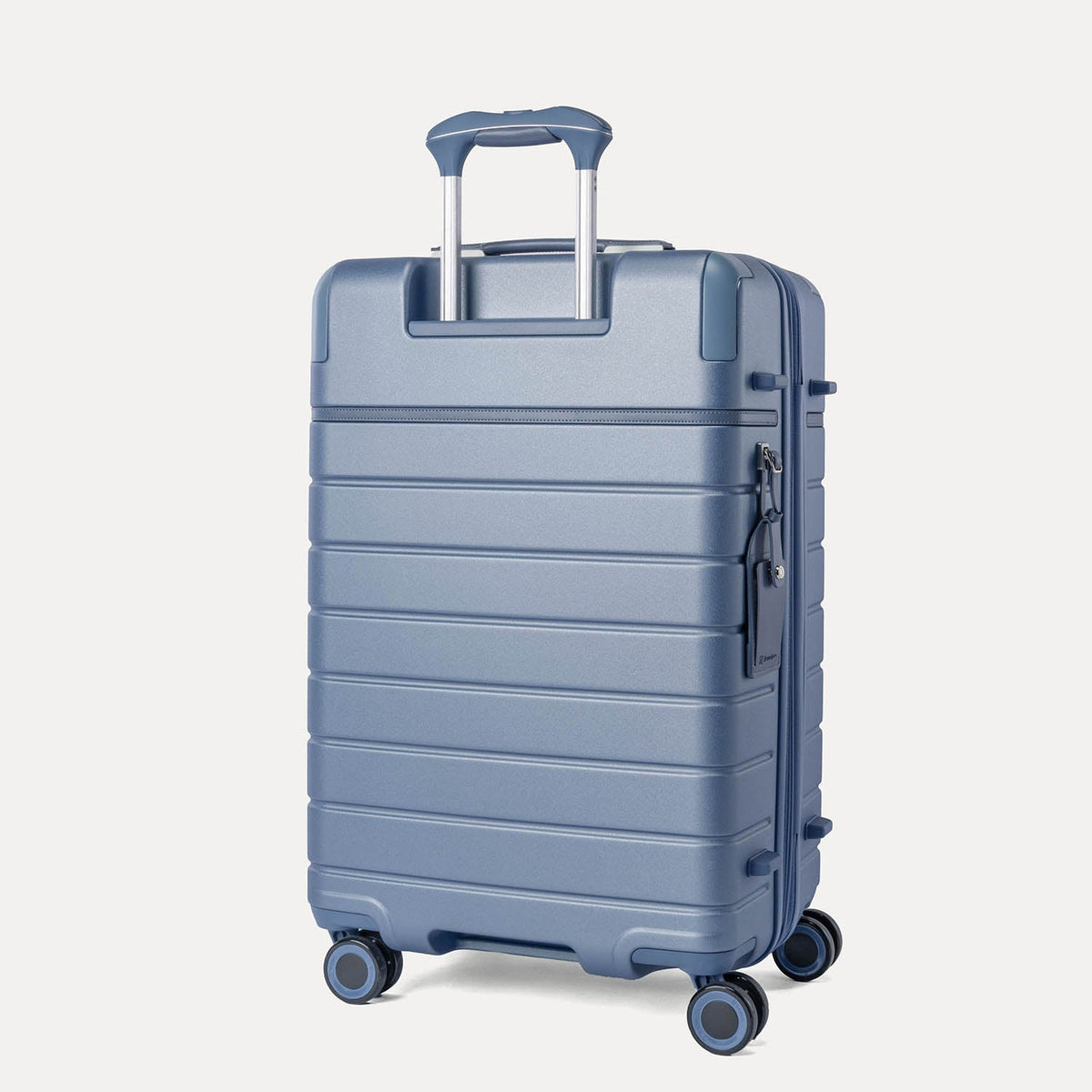 Rear angled view of the Medium Check-In from the Travelpro Platinum Reserve Compact Carry-On / Medium / Large Hardside Set in Steel Blue