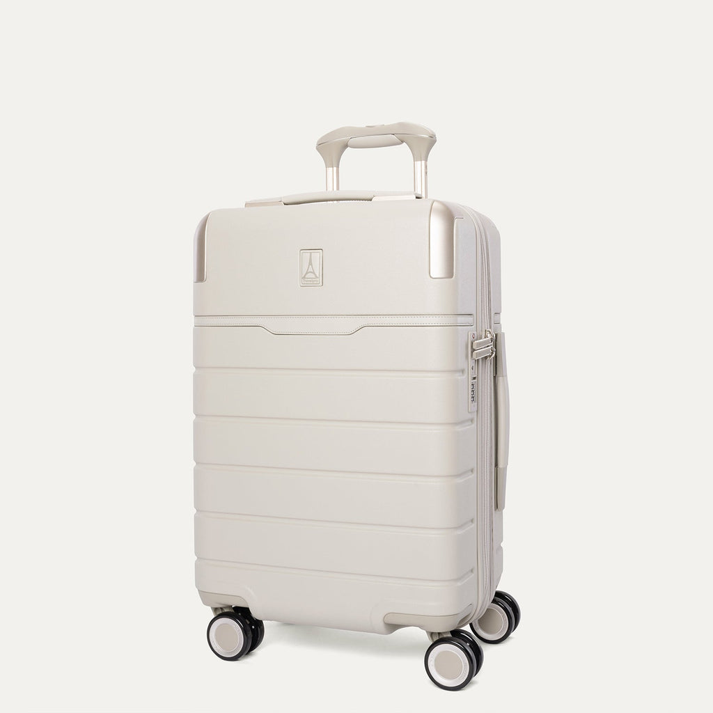 Three-quarter front view of the Compact Carry-On from the Travelpro Platinum Reserve Compact Carry-On / Medium / Large Hardside Set in Sandstone