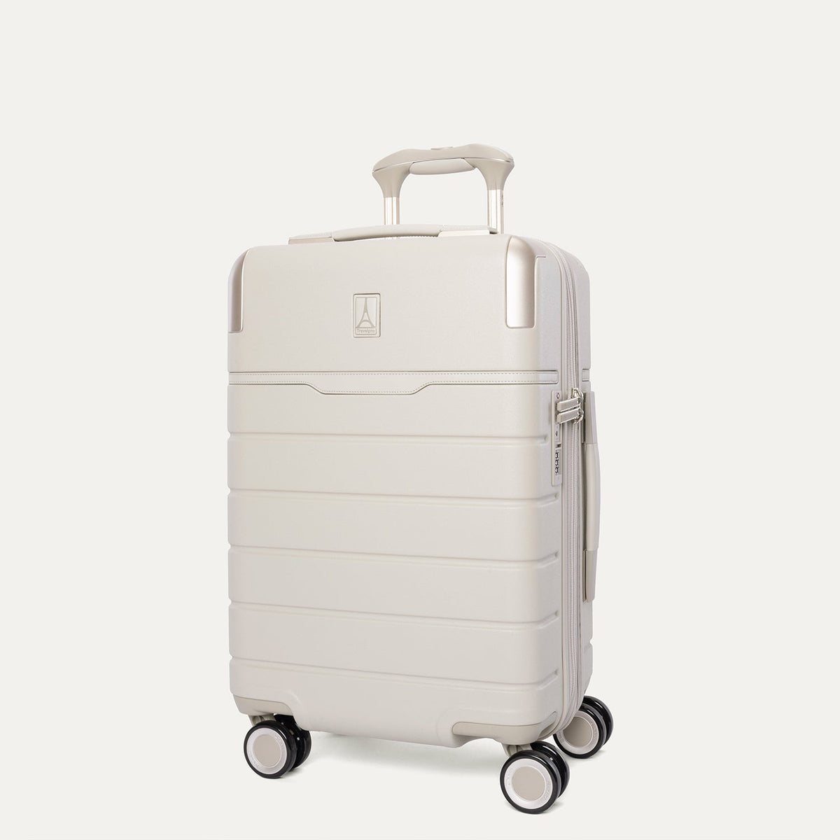 Three-quarter front view of the Compact Carry-On from the Travelpro Platinum Reserve Compact Carry-On / Medium / Large Hardside Set in Sandstone