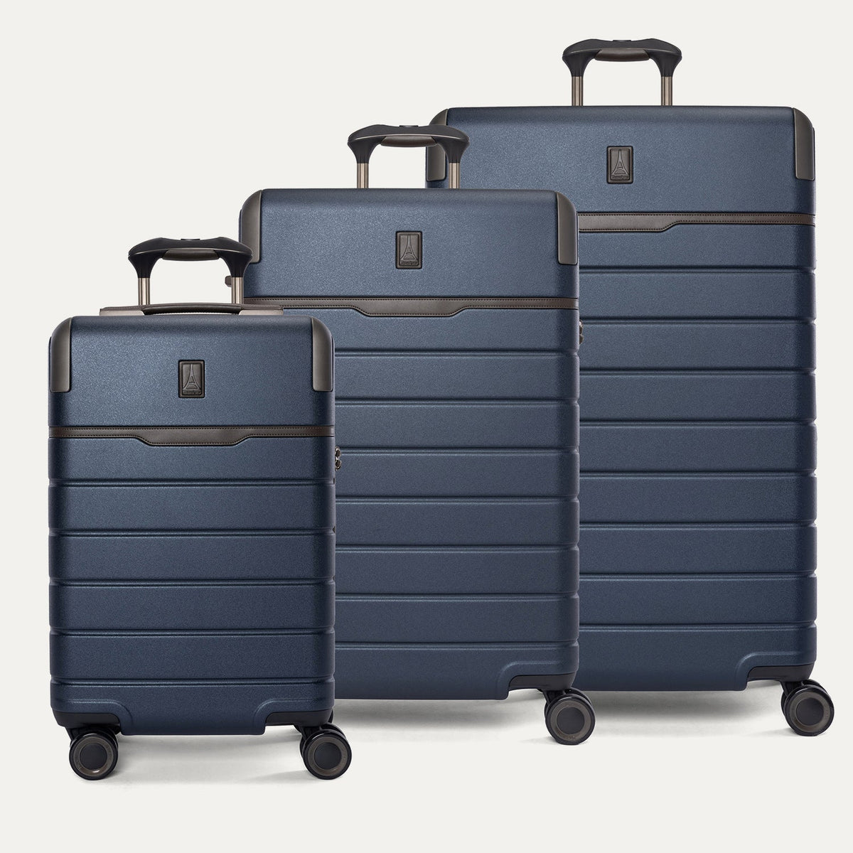 Travelpro Platinum Reserve Compact Carry-On / Medium / Large Hardside Set in Midnight Trail, all three pieces shown together