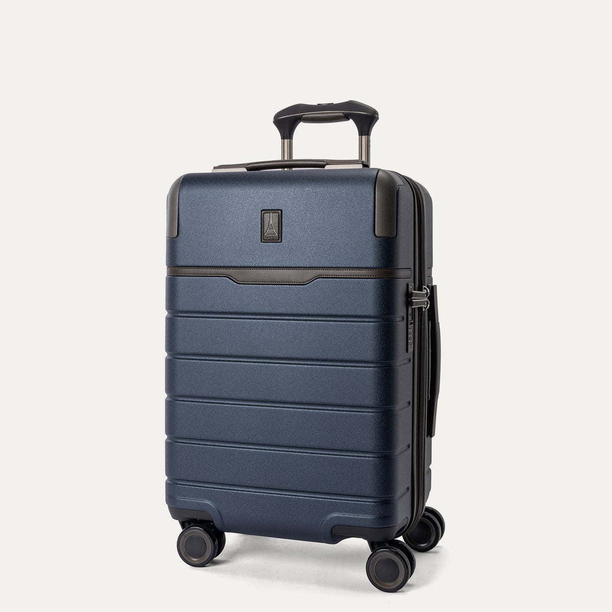 Three-quarter front view of the Compact Carry-On from the Travelpro Platinum Reserve Compact Carry-On / Medium / Large Hardside Set in Midnight Trail