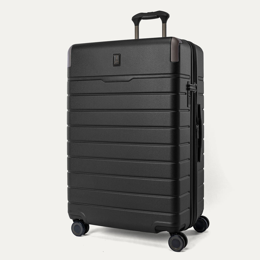 Three-quarter front view of the Large Check-In from the Travelpro Platinum Reserve Medium / Large Check-In Hardside Set in Black Dust
