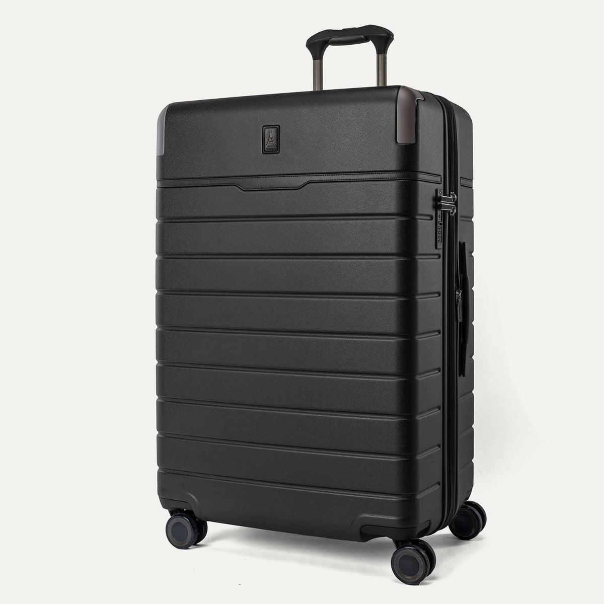 Three-quarter front view of the Large Check-In from the Travelpro Platinum Reserve Medium / Large Check-In Hardside Set in Black Dust