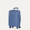 Blue suitcase with wheels on a light gray background