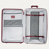 Open suitcase with interior organization panels and straps on a white background