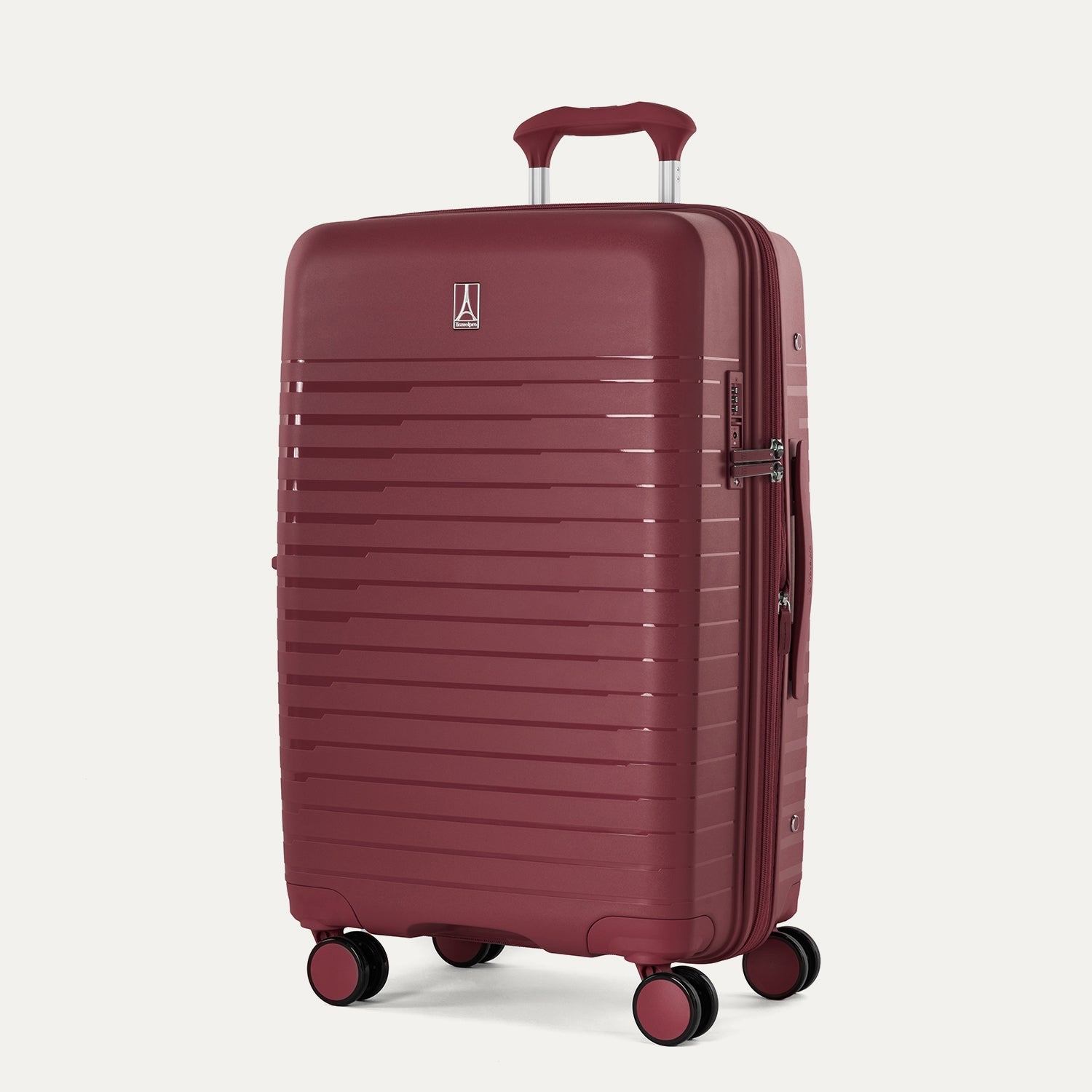 Maroon suitcase with a handle on a light gray background